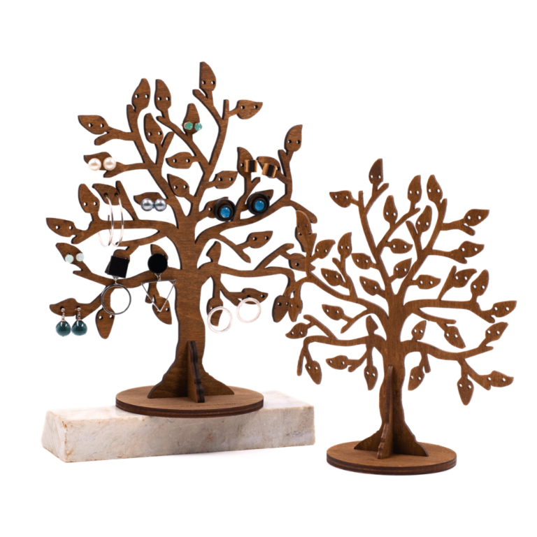 a pair of wooden earring tree holder