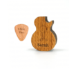 a engraved wooden guitar shaped box with a engraved pick