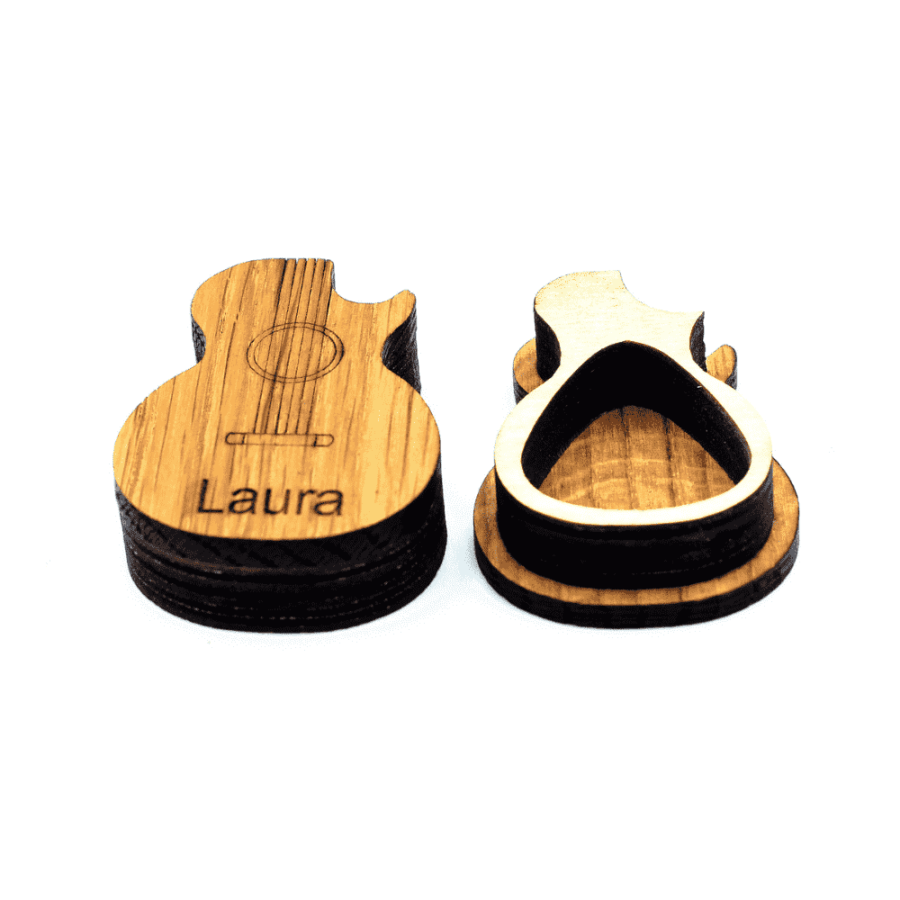 a personalised wooden guitar shaped pick box