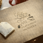 a tea bag on a wooden box