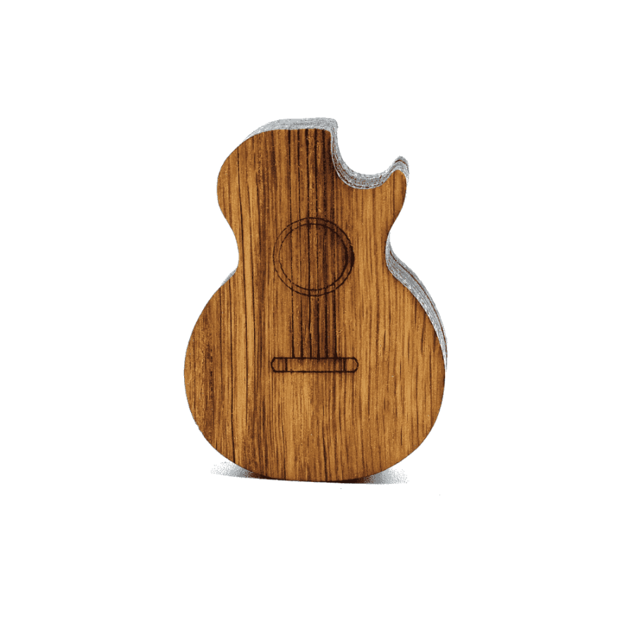 a wooden guitar shaped pick box