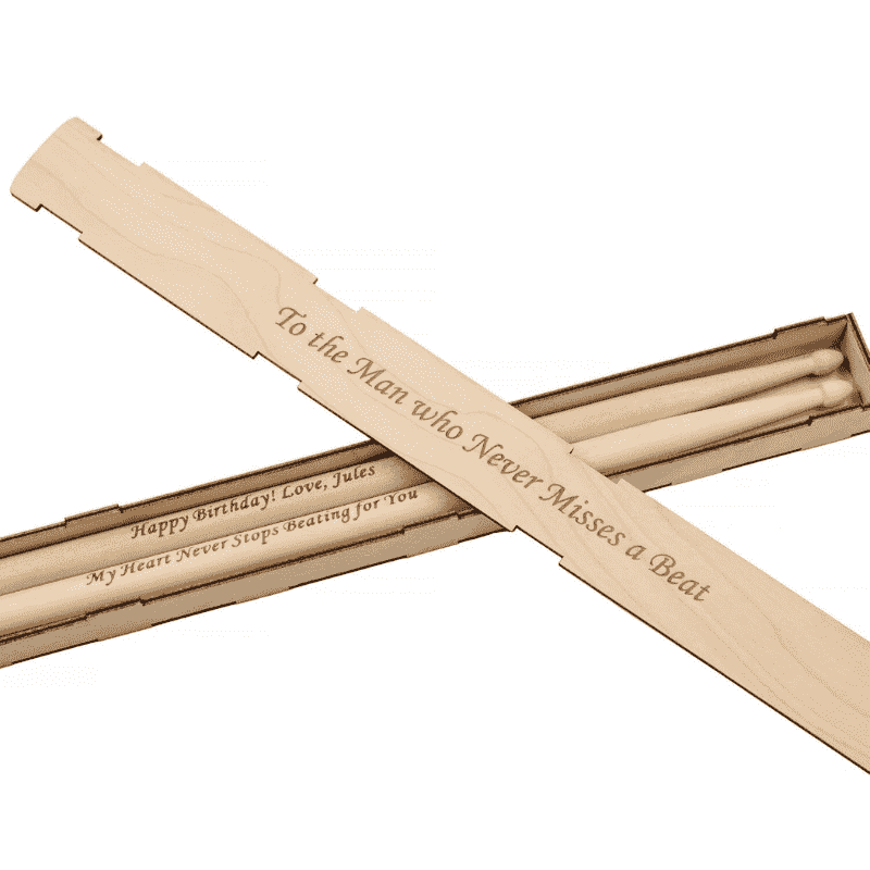 wooden drumsticks in a personalised box