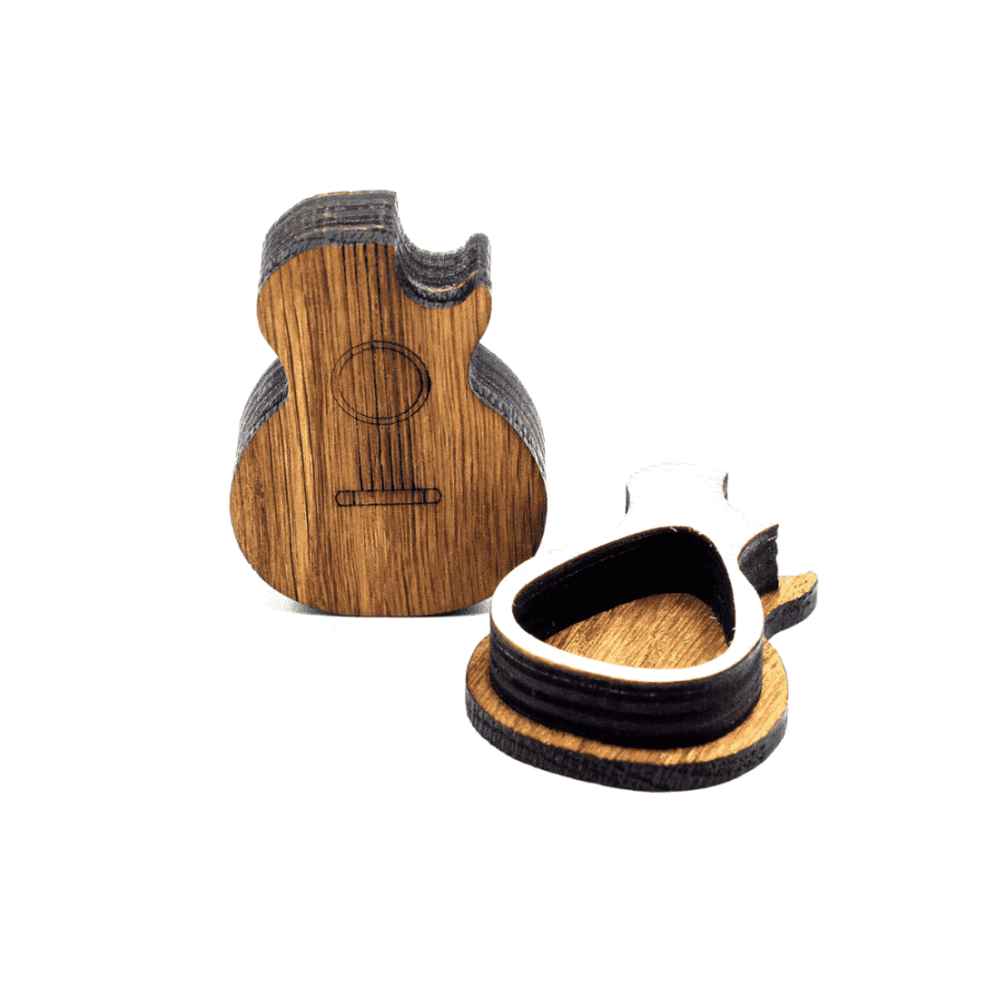 a personalised wooden guitar shaped pick box