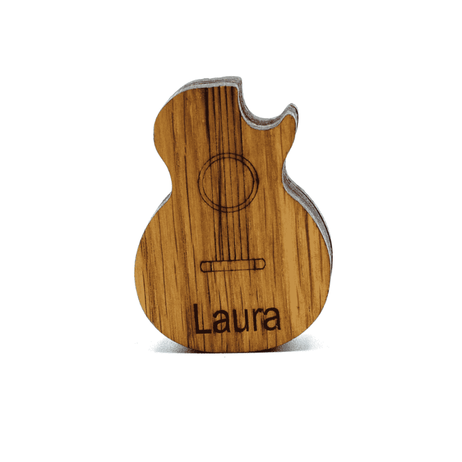 a personalised wooden guitar shaped pick box