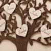 a wooden family tree with engraved hearts