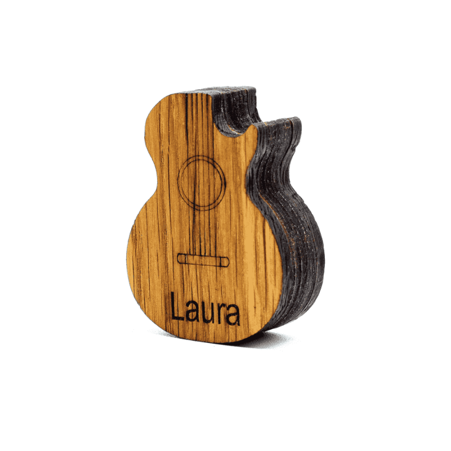a personalised wooden guitar shaped pick box