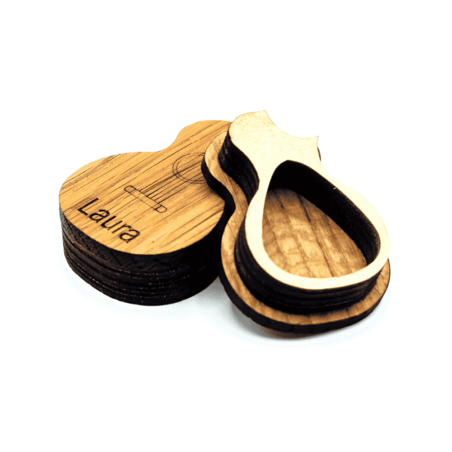 a personalised wooden guitar shaped pick box