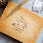 a personalised tea gift wooden box with a wheat ear on top
