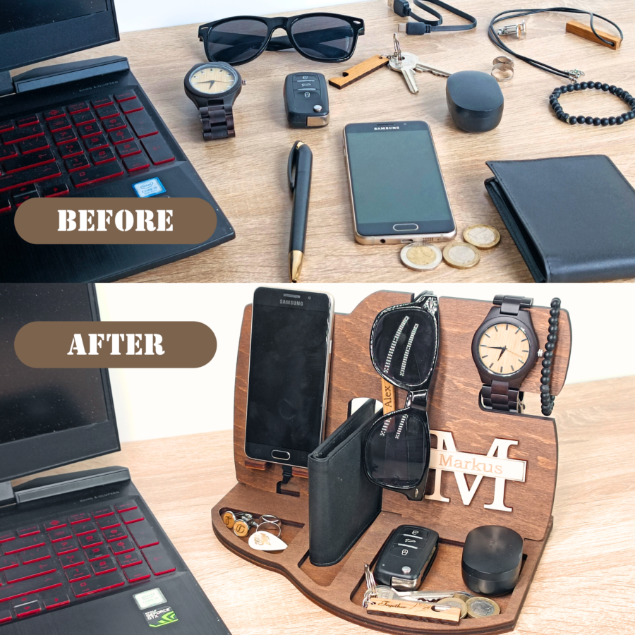 a wooden desk organizer