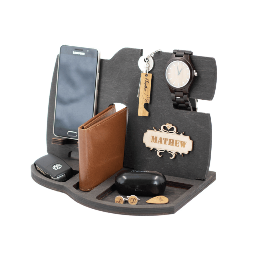 a wooden nightstand with personalization