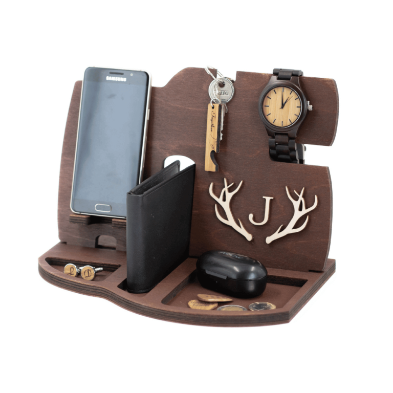 a wooden nightstand with personalization
