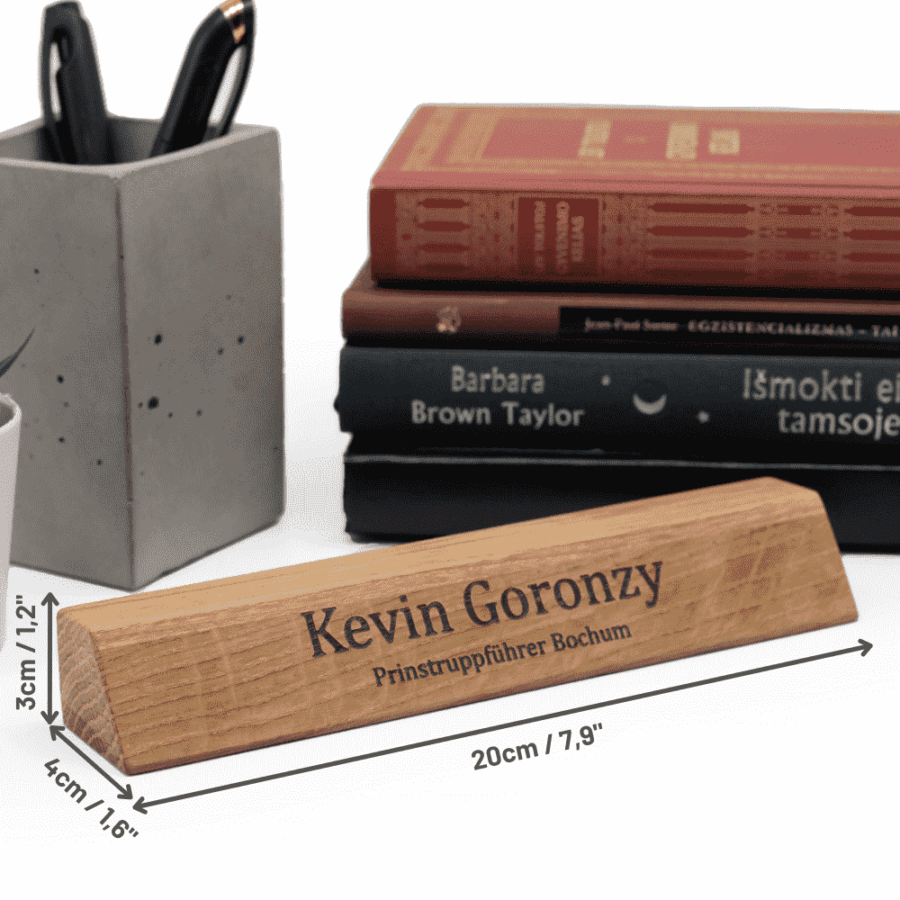 a personalized wooden nameplate with engraved name