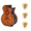 a wooden guitar shaped pick box with engraved picks