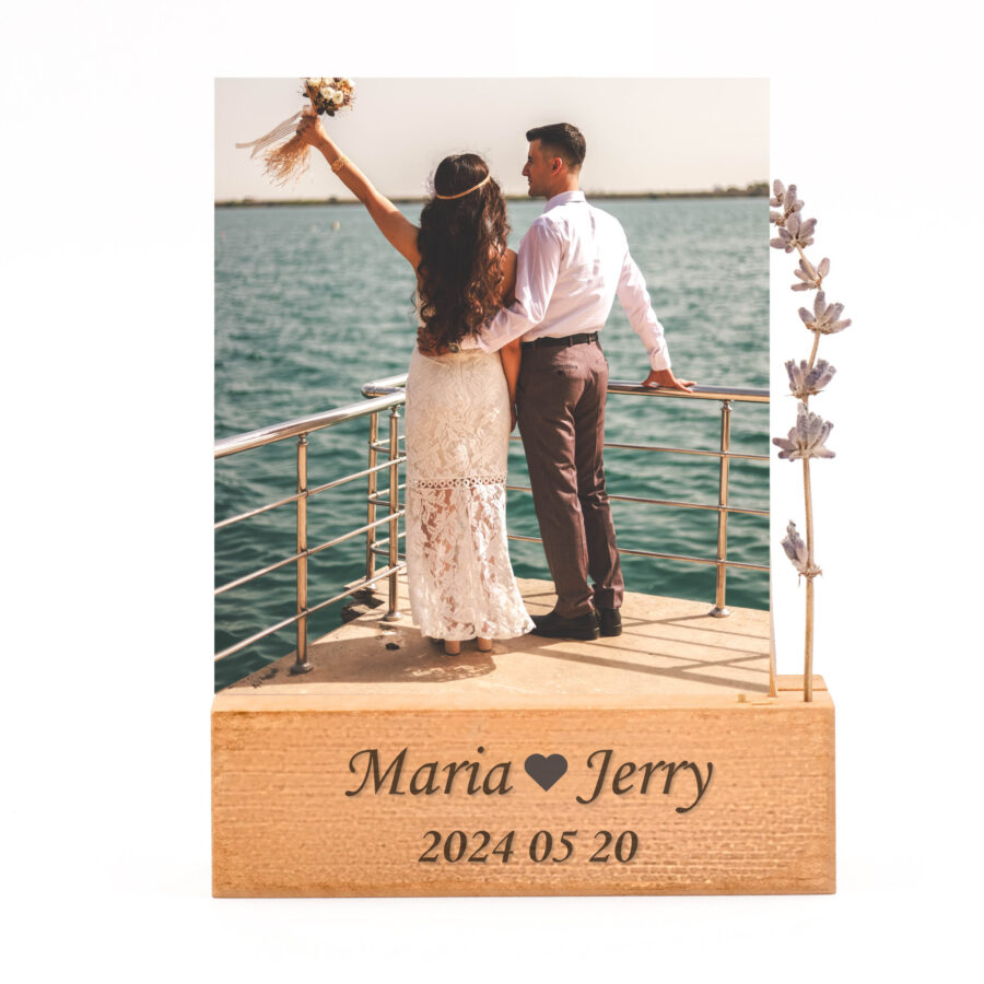 a wooden personalized photo holder