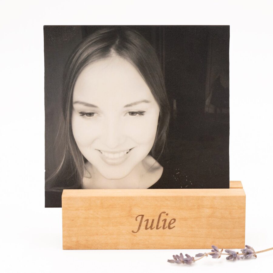 a wooden personalized photo holder