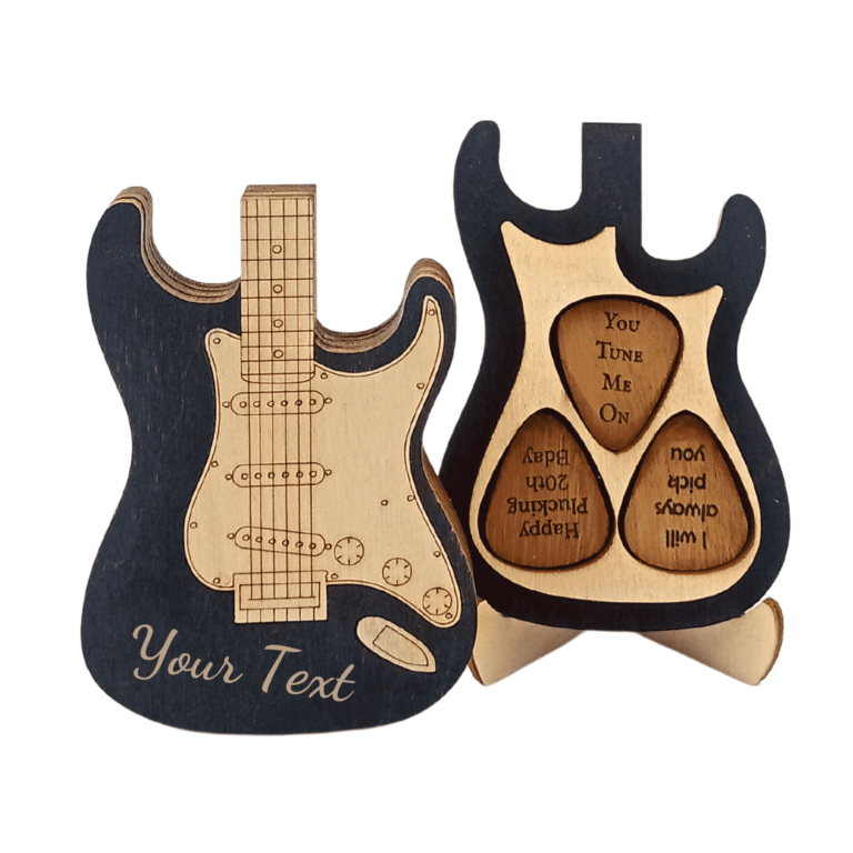 a personalised guitar shaped pick box on a stand with 3 engraved guitar picks
