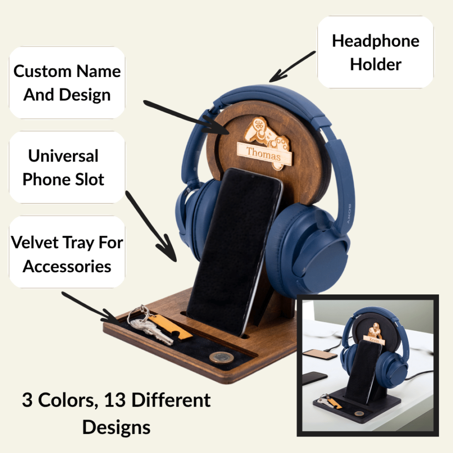 A wooden headphone stand with listed fetures