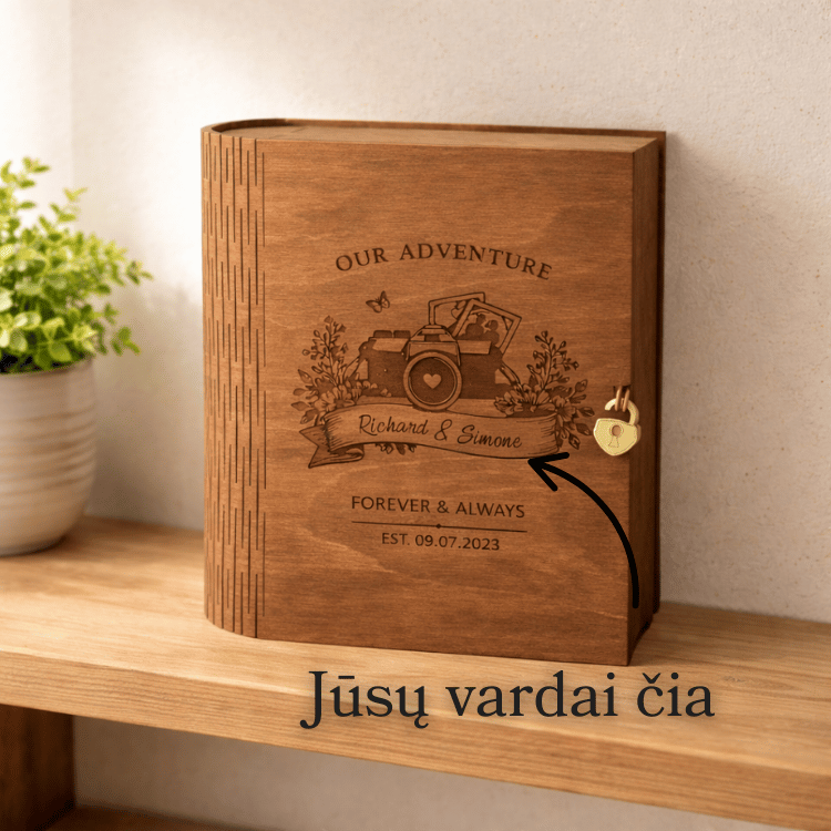 14 Personalizuota atsiminimų dėžutė su graviravimu – medinė prisiminimų dėžė nuotraukoms ir suvenyrams
