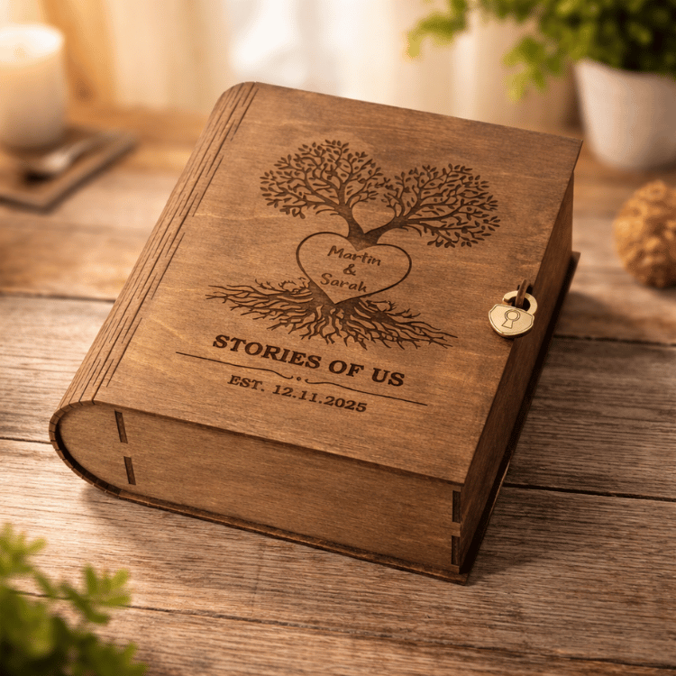 7 Personalizuota atsiminimų dėžutė su graviravimu – medinė prisiminimų dėžė nuotraukoms ir suvenyrams