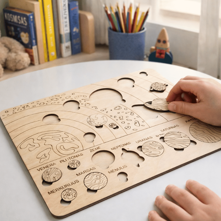 Edukacinė medinė Saulės sistemos planetų dėlionė vaikams